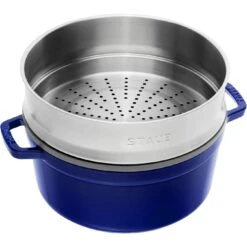 Staub Cocotte Avec Panier Vapeur 26 Cm, Rond(e), Bleu Intense, Fonte -Staub Soldes Magasin 40510604 1