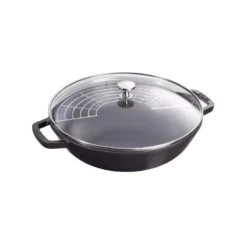 Wok Fonte émaillée Couvercle Verre Staub D30 NOIR MAT PR