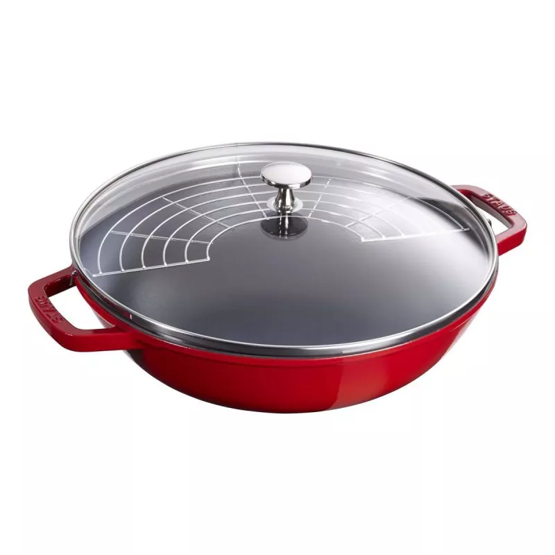 Wok Fonte émaillée Couvercle Verre Staub D30 Rouge Cerise PR 4 Wok Fonte émaillée Couvercle Verre Staub D30 Rouge Cerise PR – Image 2