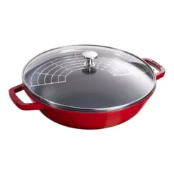 Wok Fonte émaillée Couvercle Verre Staub D30 Rouge Cerise PR